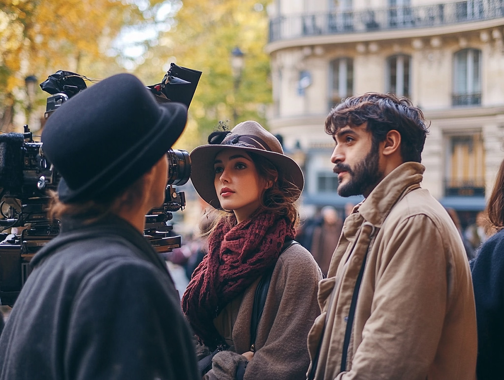 Image created using AI that shows film crew members and actors on a film production in France.